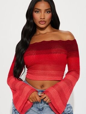 *SOLD ELSE WHERE* Fashion Nova Red Ombre Off-the-Shoulder Crochet Crop Sweater